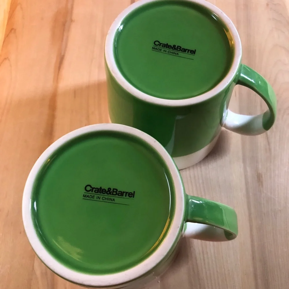 Crate and Barrel Coffee Mug Two Toned Spilt Design Green SET OF 2
